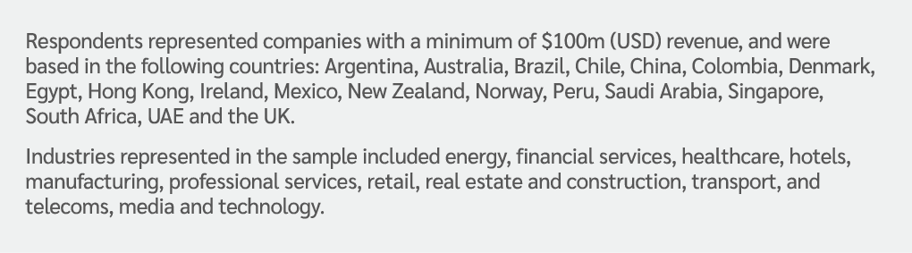 Respondents represented companies with a minimum of $100m (USD) revenue, and were based in the following countries: A...